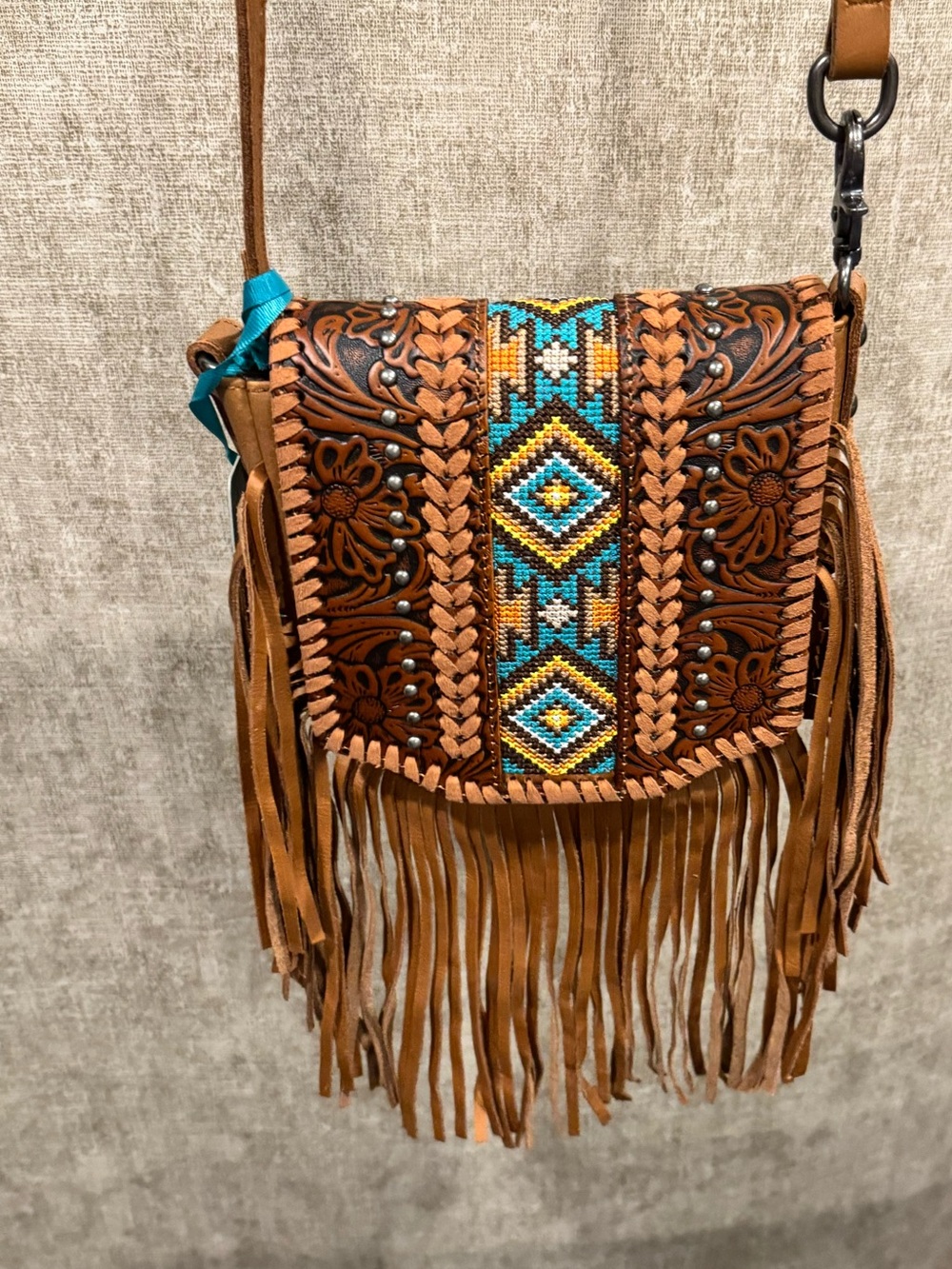 Boho Fringe Crossbody Bag in Brown with Turquoise Accent